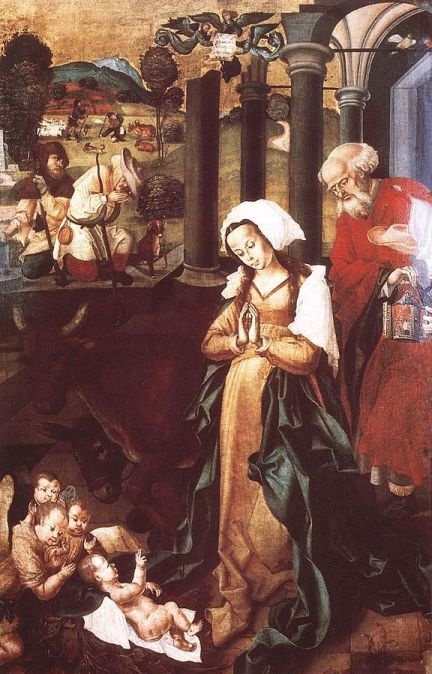 M. S. mester: Jézus születése, 1506, tojástempera, hársfa, 123x79 cm, Hontszentantal (ma: Antol, Szlovákia), római katolikus templom M. S. mester: Jézus születése, 1506, tojástempera, hársfa, 123x79 cm, Hontszentantal (ma: Antol, Szlovákia), római katolikus templom