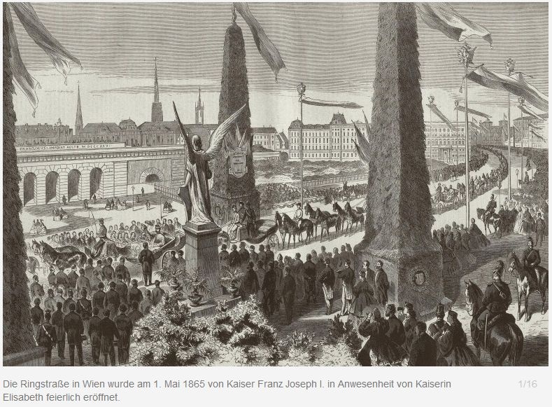 A Ring ünnepélyes megnyitása a császári pár jelenlétében 1865. május 1-jén. A Ring ünnepélyes megnyitása a császári pár jelenlétében 1865. május 1-jén.