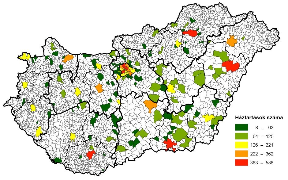A mintába bevett háztartások száma településenként. A mintába bevett háztartások száma településenként.