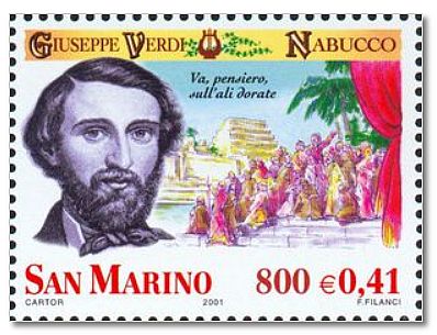 A Nabucco San Marino-i bélyegen: 2001-ben, Verdi halálának centenáriumán jelent meg. A szöveg a rabszolgakórus felejthetetlen dalának első sora: A Nabucco San Marino-i bélyegen: 2001-ben, Verdi halálának centenáriumán jelent meg. A szöveg a rabszolgakórus felejthetetlen dalának első sora: