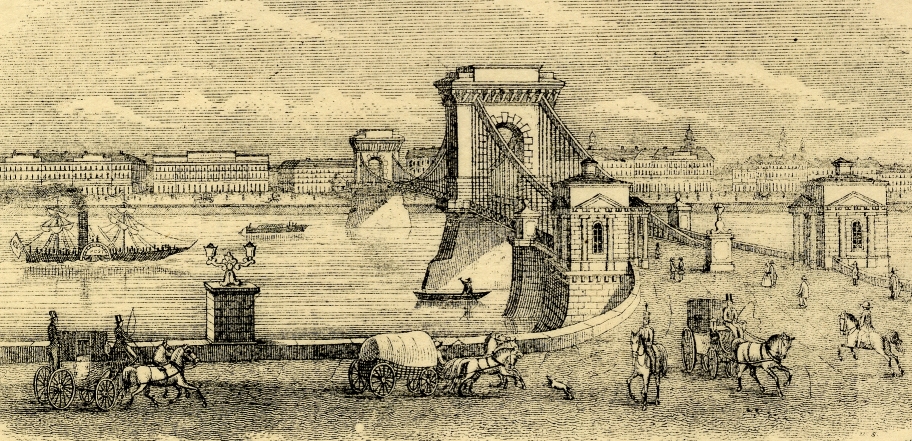 A Széchenyi Lánchíd egykorú rézmetszeten.