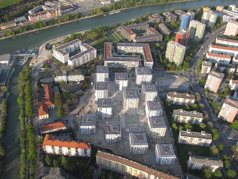Passzívházak az innsbrucki olimpiai faluban.