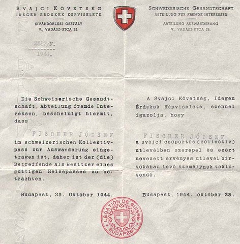 Igazolás az életmentő kollektív útlevélben szerepló üldözött számára.