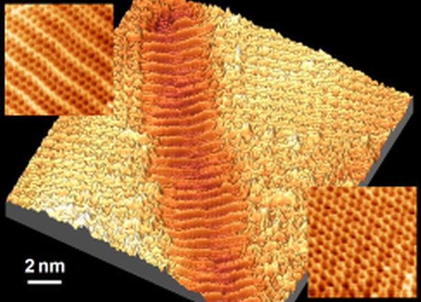 Nanométeres grafén-hullámok STM-képe. Nanométeres grafén-hullámok STM-képe.