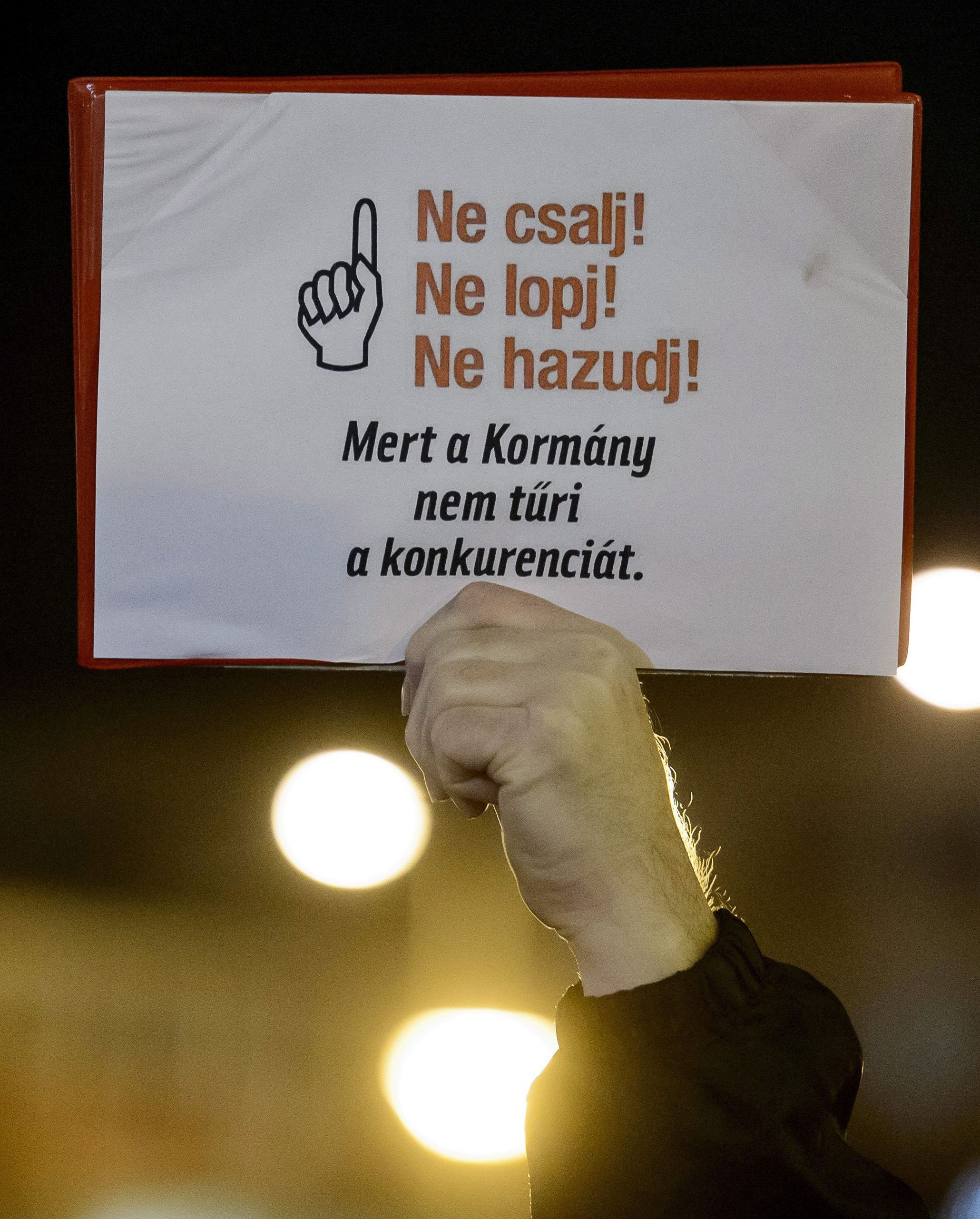 Transzparens a közfelháborodás napja címmel meghirdetett tüntetésen Salgótarjánban, a Fő téren 2014. november 17-én. MTI Fotó: Komka Péter
