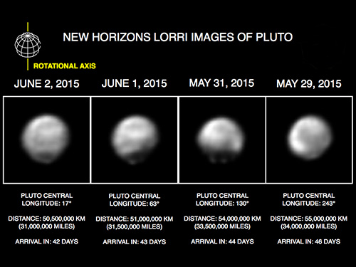 Felszíni különbségek a Plútón a LORRI kamera képei alapján  Forrás: JHUAPL