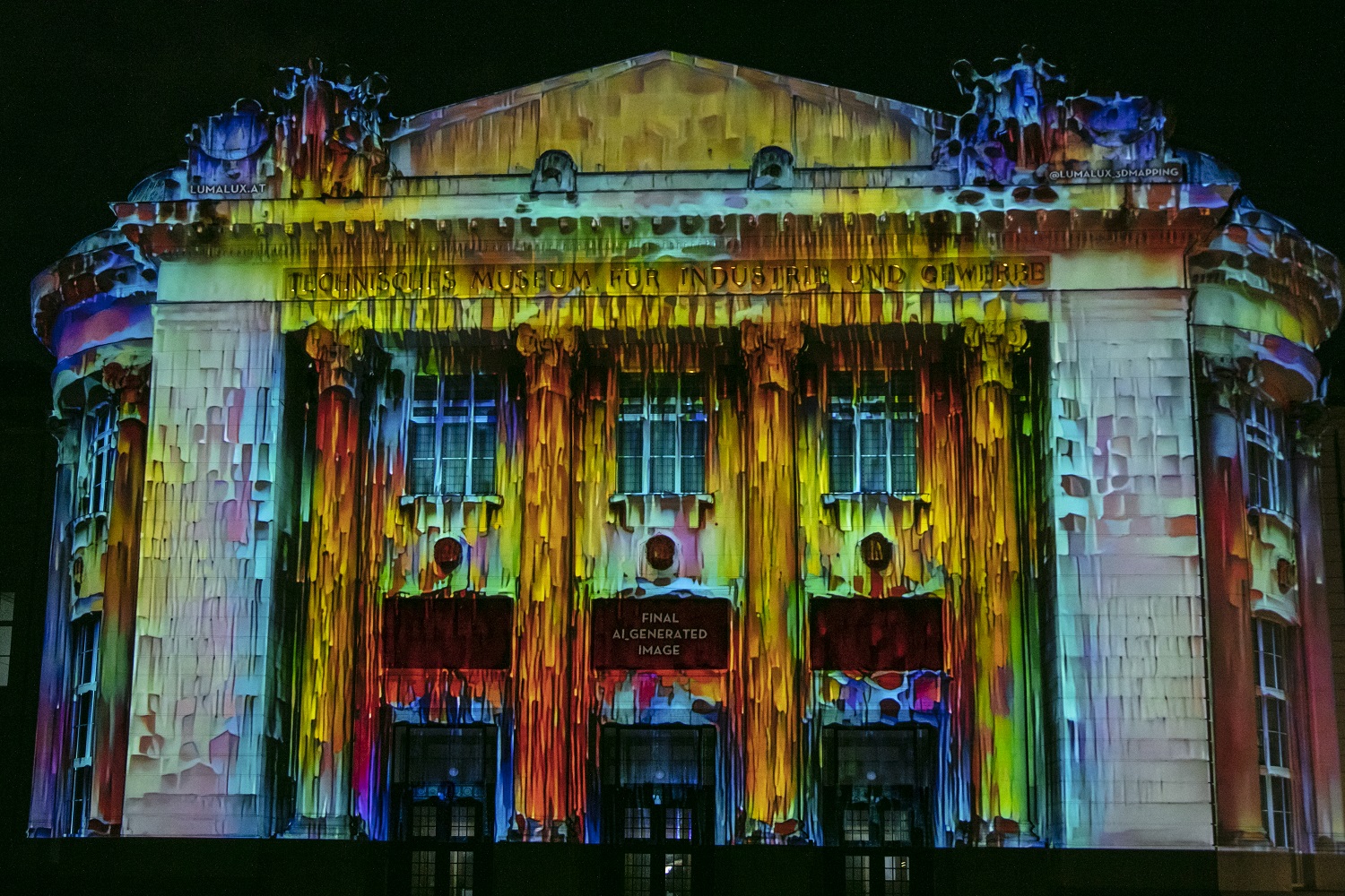 Sötétedéskor megelevenedik a Bécsi Műszaki Múzeum homlokzata