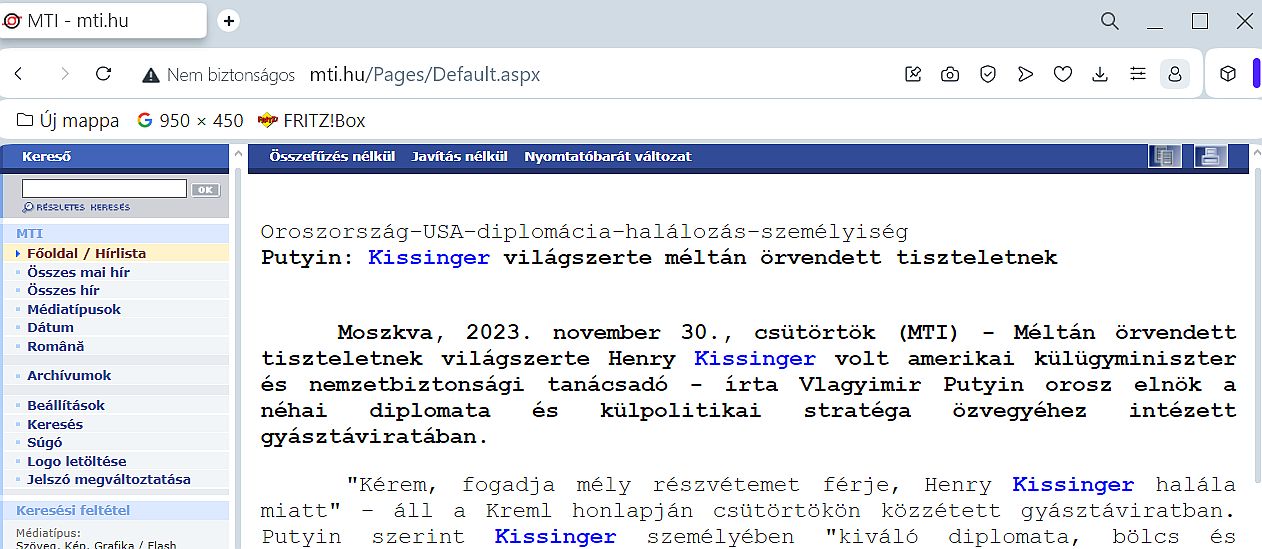 Kommentár nélkül: az MTI híre Kissinger haláláról